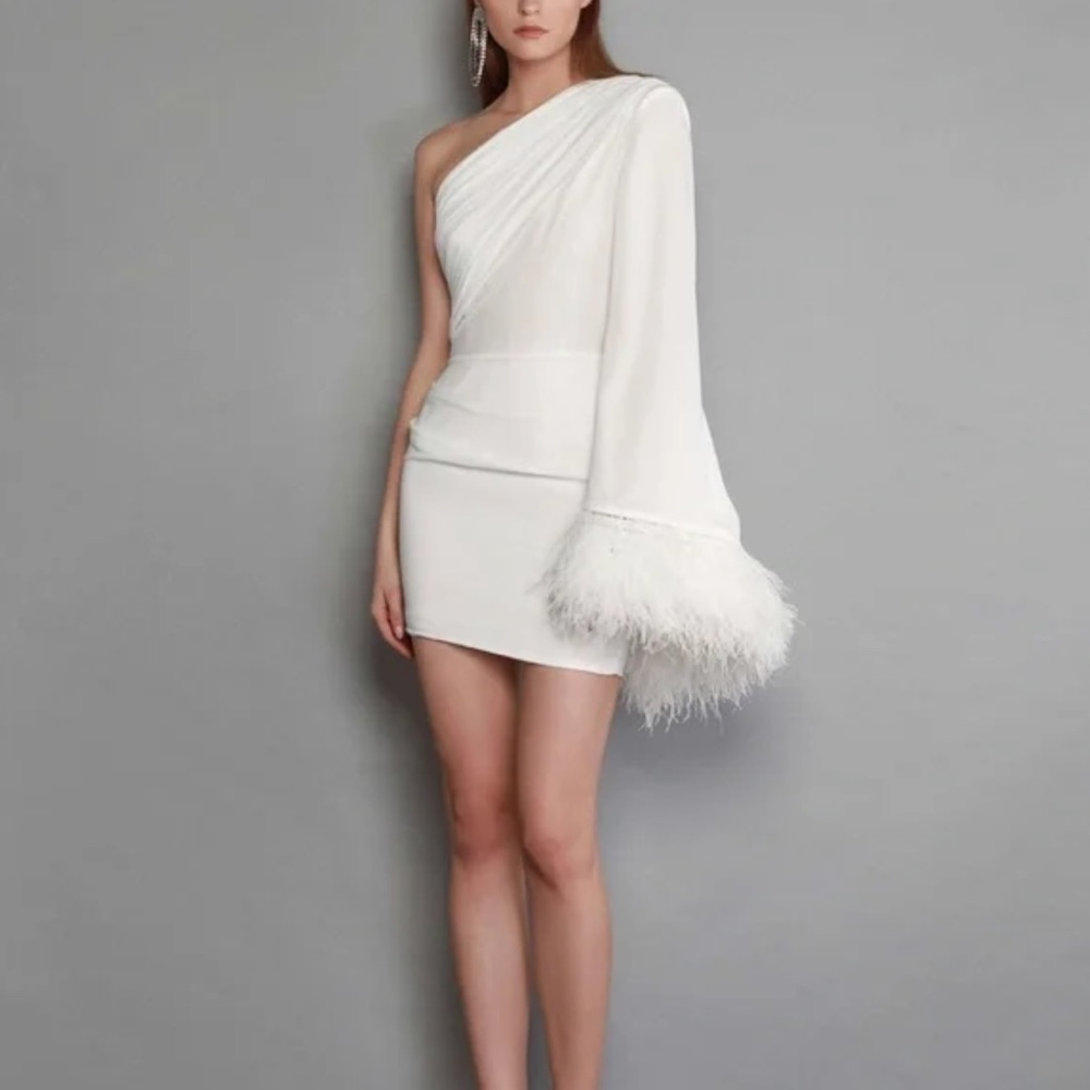 Bronx and Banco Fire Blanc minidress one shoulder feathers